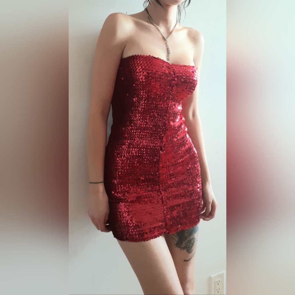 Strapless Red Sequin Mini Dress